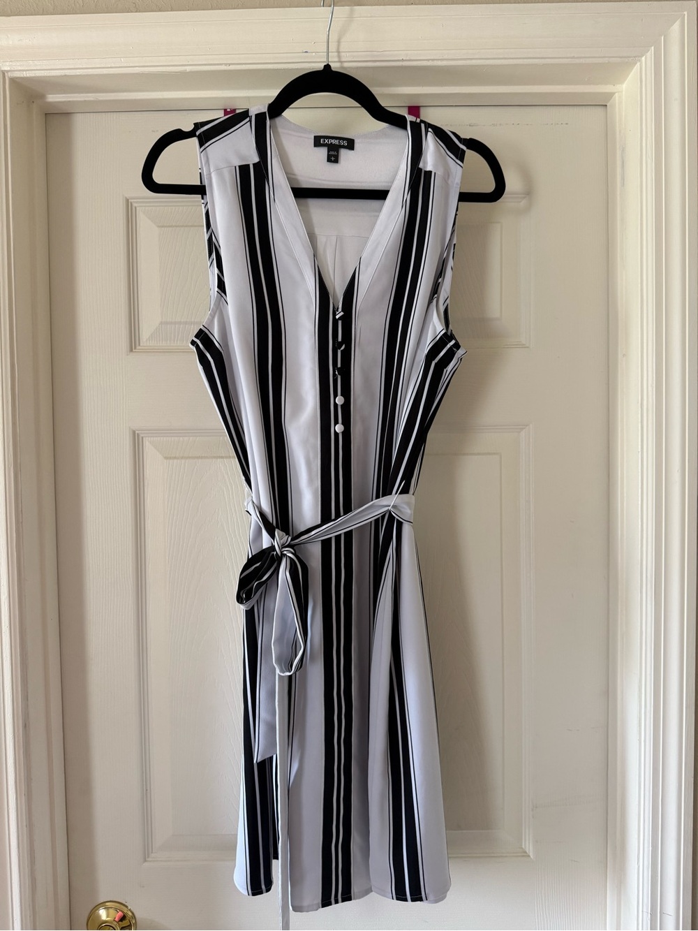 Express Black & White Vertical Stripe Tie-Waist Mini Dress L
